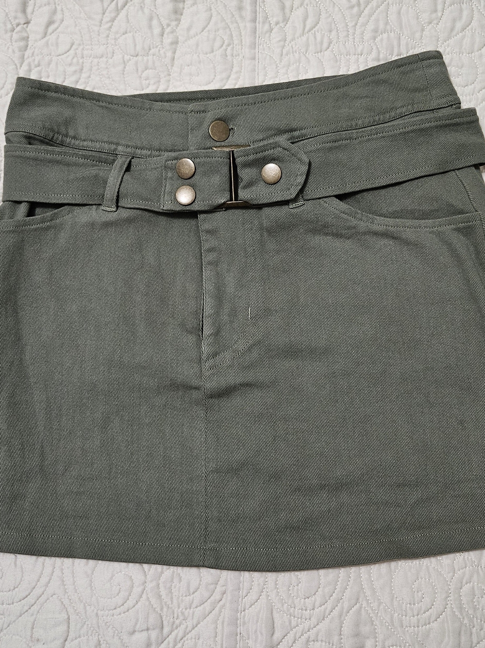 Olive Green Belted Mini Skirt with Button Detail